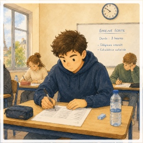French students taking an exam in a classroom