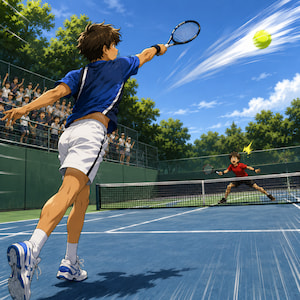a teenage boy hitting a strong serve