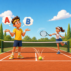 boy not knowing what to do with a tennis ball on his side of the court