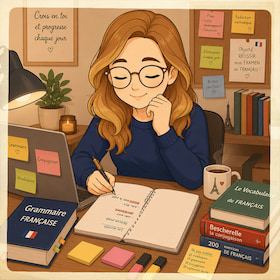 Celine reviewing her French lessons at her desk
