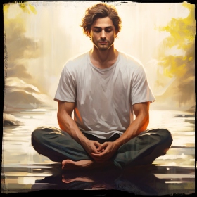 man meditating in a peaceful river setting