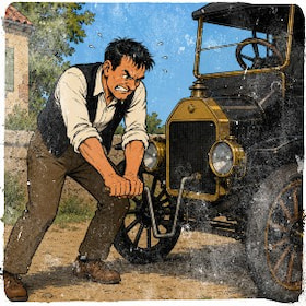 a grumpy man angrily cranking an old car