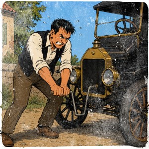 angry man is cranking an old-fashioned car