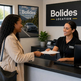 Customer Wanda talking to the car agency's receptionist