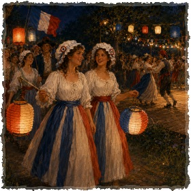 Women in Revolutionary outfits celebrating Bastille Day