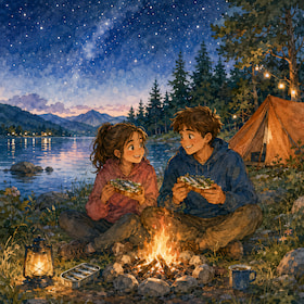 couple eating by the campfire by a lake