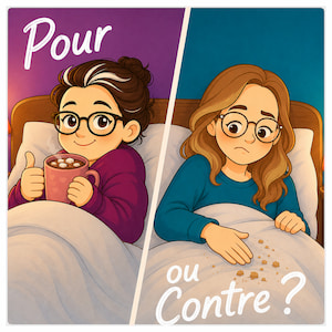 Aurelie enjoying a drink in bed while Celine is bothered by crumbs in the bed