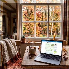 autumnal cosy scene with a laptop open on kwizIQ