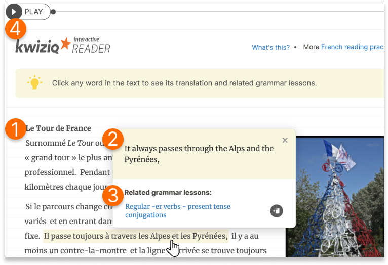 Popover with English translation and related French grammar lessons